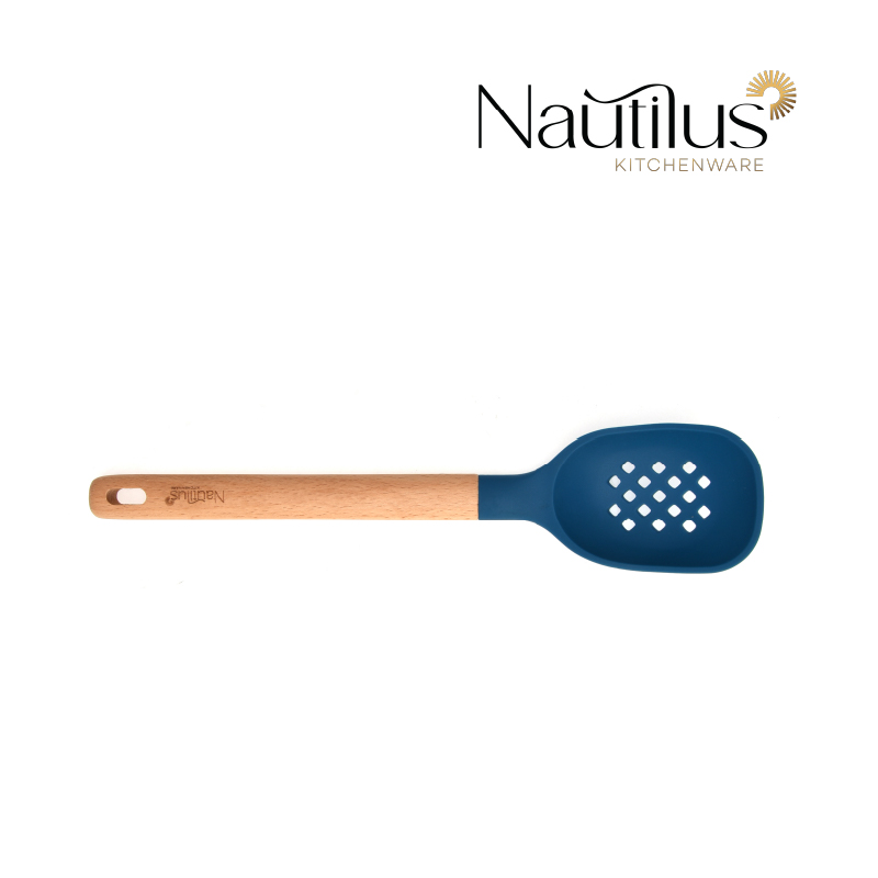 Beech Wood Handle Silicone Slotted Serving Spoon 