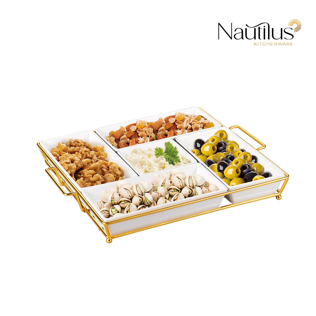 CERAMIC TABLEWARE - SERVING 5PCS SET WITH GOLD STAND 